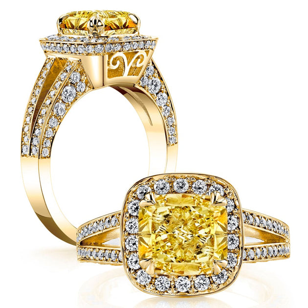 2.55 Ct. Halo Canary Fancy Yellow Cushion Cut Diamond Ring VS2