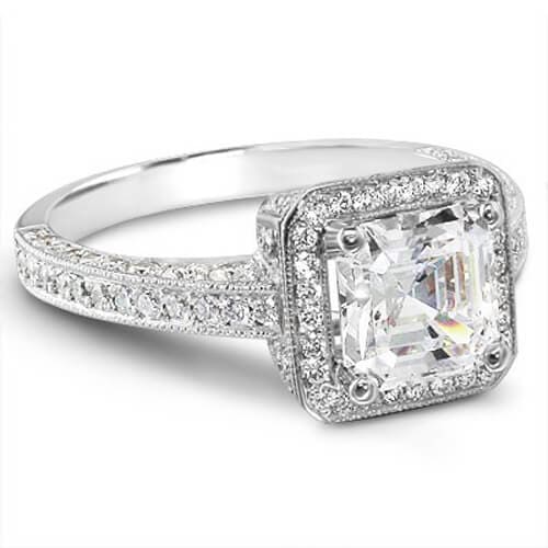 2.60 ct. Halo Asscher Cut Engagement Ring F Color VS1 GIA Certified 18K Yellow Gold