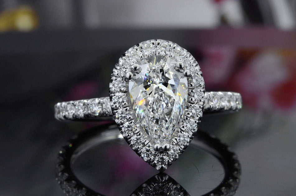 2.00 Ct. Halo Teardrop Pear Shaped Engagement Ring Set F Color VS2 GIA  Certified