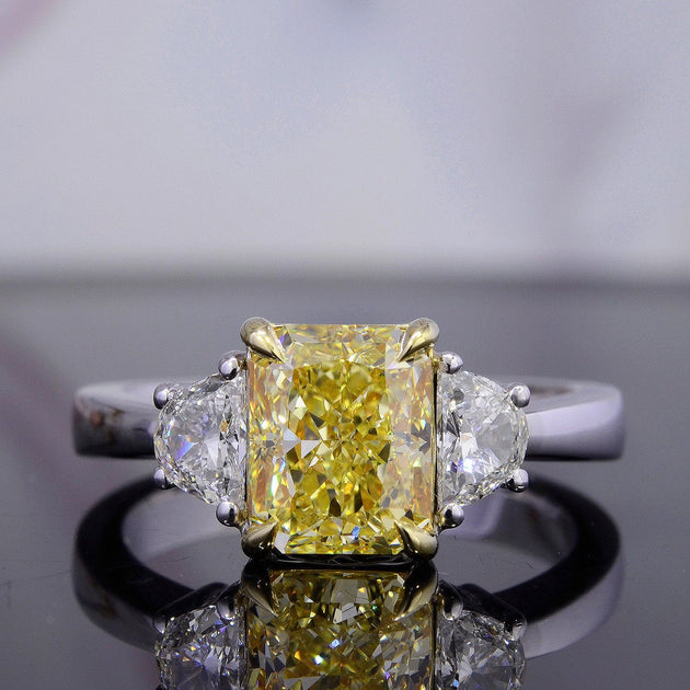 2.00 Ct. Canary Fancy Yellow Radiant Cut & Half Moons 3 Stone Diamond Ring  VVS1 GIA Certified