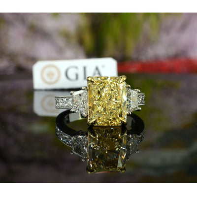 4.00 Ctw Canary Fancy Intense Yellow Radiant Cut Hand-Carved Diamond Ring GIA Certified