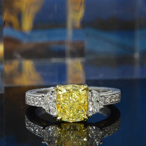 3.90 Ctw Canary Fancy Yellow Cushion & Half Moon Art Deco Diamond Ring VS2 GIA