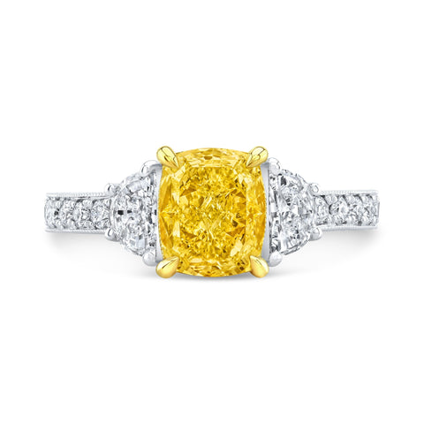 2.60 Ctw Canary Fancy Yellow Cushion & Half Moon Art Deco Diamond Ring VS1 GIA