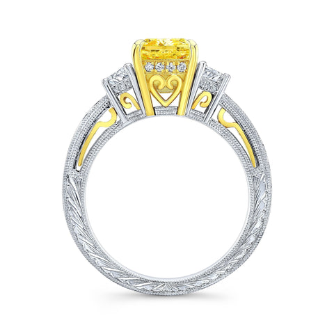 3.40 Ctw Canary Fancy Light Yellow Cushion & Half Moon Art Deco Diamond Ring VS1 GIA