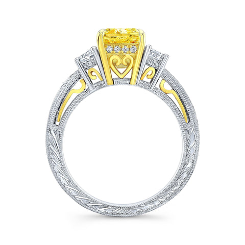 3.90 Ctw Canary Fancy Light Yellow Cushion & Half Moon Art Deco Diamond Ring VS1 GIA