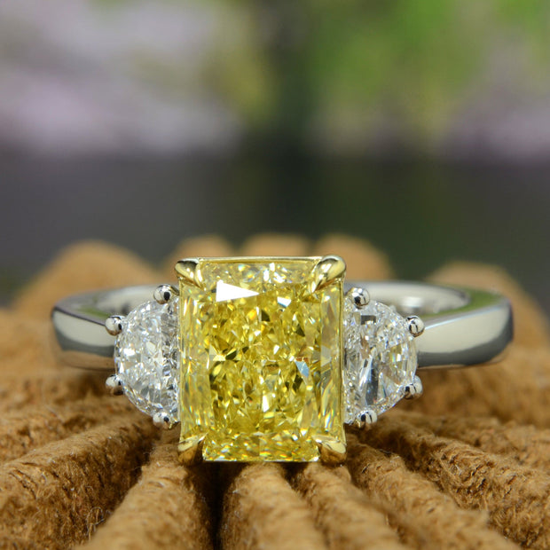 2.00 Ctw Fancy Intense Yellow Elongated Radiant & Half Moons 3 Stone Ring VS1 GIA