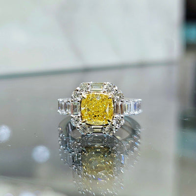 3.00 Ctw Fancy Yellow Cushion Halo Baguette & Round Diamond Ring VVS1 GIA