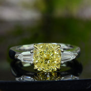 4.10 Ctw. Canary Fancy Light Yellow Cushion & Bullet Cut 3 Stone Diamond Ring VS2 GIA Certified