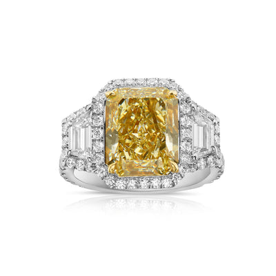 6.40 Ctw Fancy Yellow Radiant Cut & Trapezoid Halo Diamond Ring VS1 GIA Certified