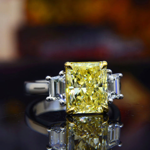 4.20 Ctw Fancy Light Yellow Radiant Cut & Trapezoid Three Stone Ring VS1 GIA