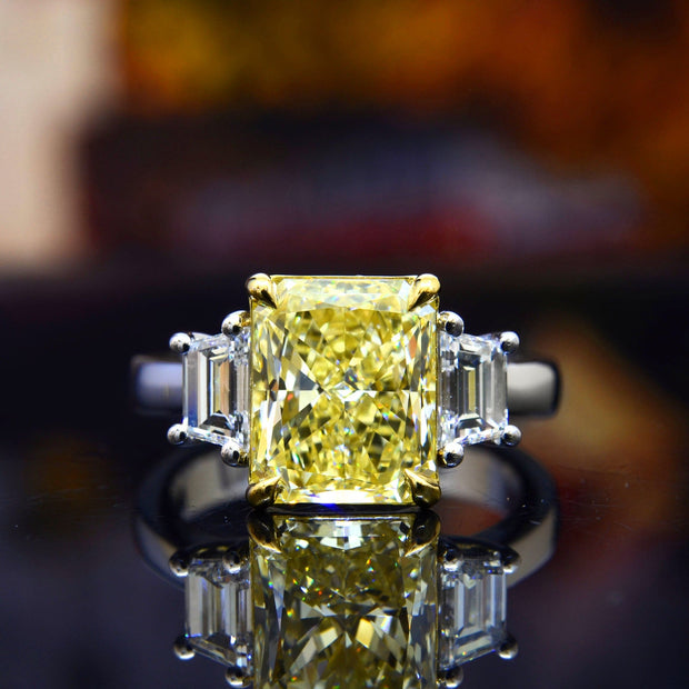 4.20 Ctw Fancy Light Yellow Radiant Cut & Trapezoid Three Stone Ring VS1 GIA