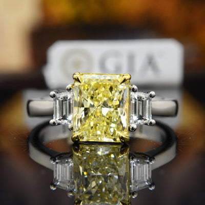 4.70 Ctw Fancy Yellow Canary Radiant Cut & Trapezoid 3 Stone Ring SI1 GIA