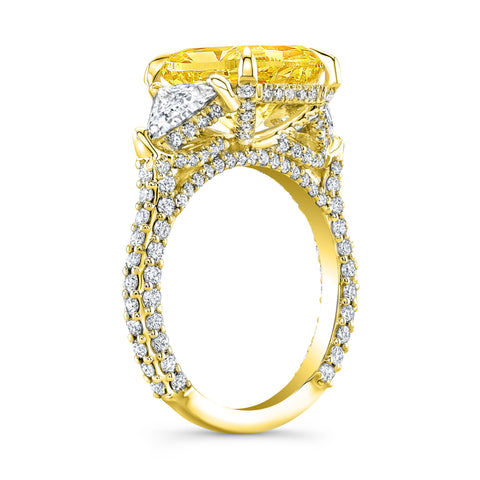 4.80 Ctw Fancy Yellow Radiant Cut  & Trillion Hidden Halo Micro Pave Ring VS2 GIA