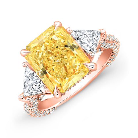 4.80 Ctw Fancy Yellow Radiant Cut  & Trillion Hidden Halo Micro Pave Ring VS2 GIA