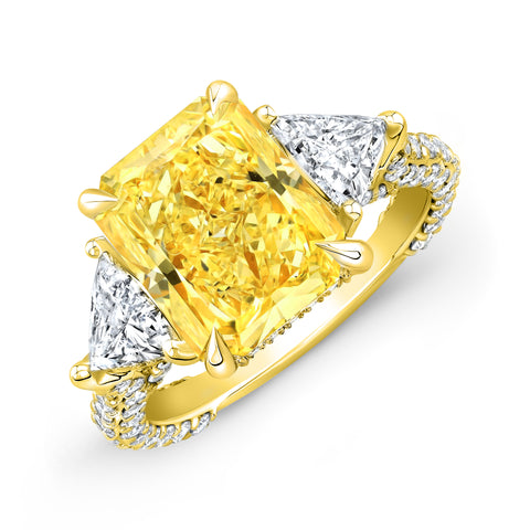 4.80 Ctw Fancy Yellow Radiant Cut  & Trillion Hidden Halo Micro Pave Ring VS2 GIA