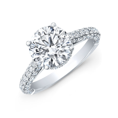 3.10 Ctw. Round Cut Hidden Halo 3-Row Pave Engagement Ring H VS2 GIA Certified 3X