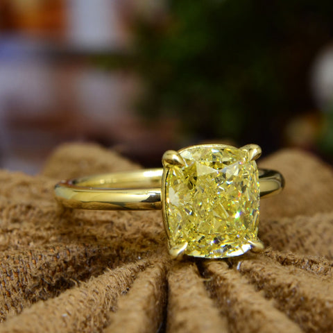 Fancy Yellow Cushion cut yellow gold ring front-side