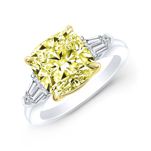 4.10 Ctw. Canary Fancy Light Yellow Cushion & Bullet Cut 3 Stone Diamond Ring VS2 GIA Certified