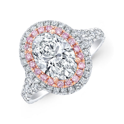 Oval Cut with Pink Diamond Double Halo Ring Profile View
