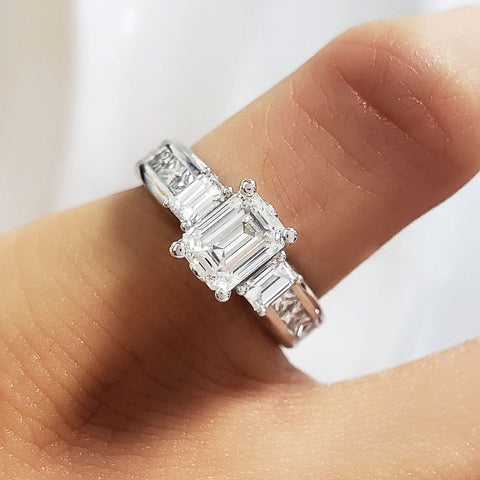 2.10 Ct Emerald Cut 3 Stone Engagement Ring with Accents F Color VS1 GIA Certified