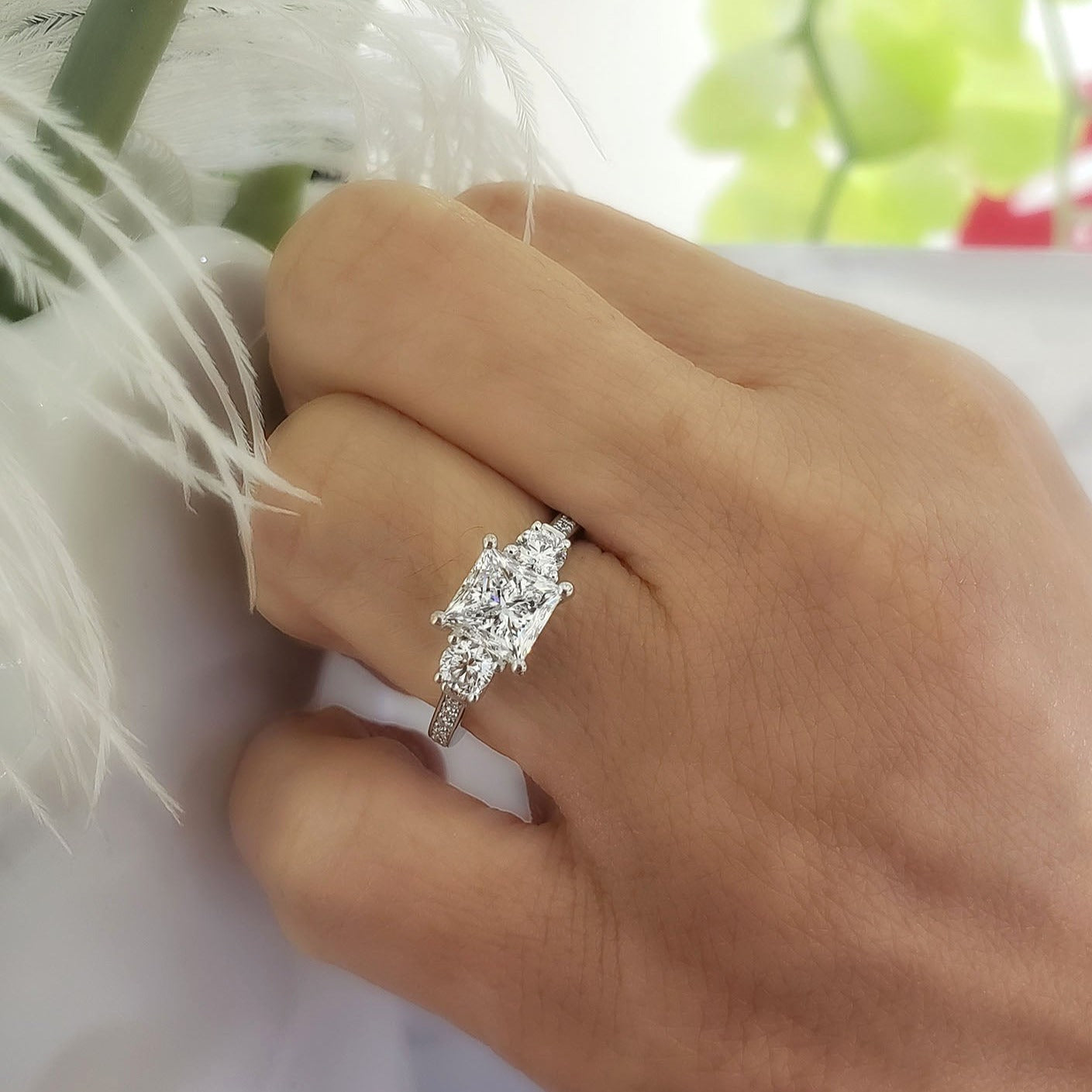 3 stone halo princess cut engagement rings