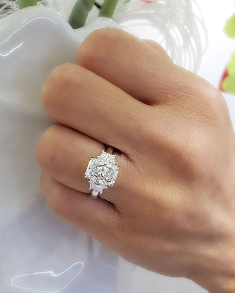 Platinum Three Stone Radiant Cut Diamond Engagement Ring