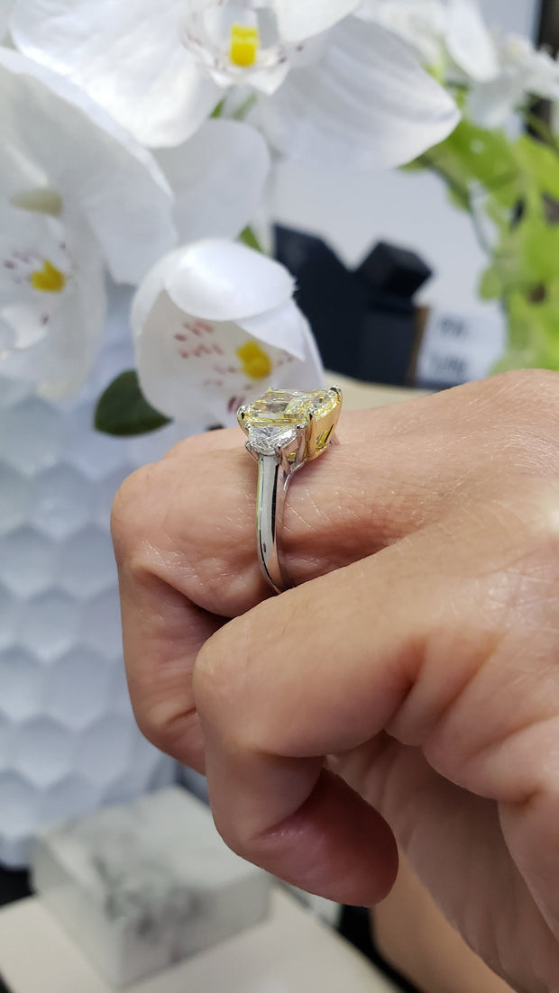 Fancy Yellow Cushion & Half Moons 3Stone Diamond Ring Side View