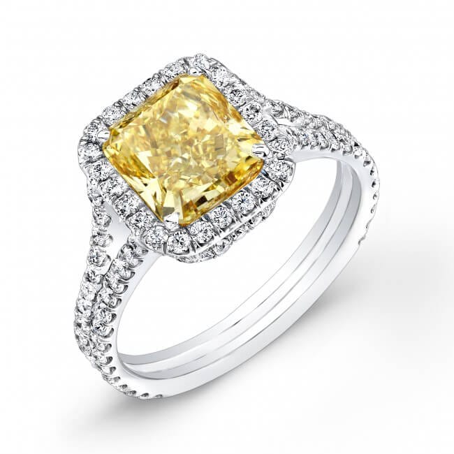 2.70 Carat VVS Radiant Excellent Cut fashion Diamond Canary Yellow Color 925 Sterling Silver Engagement Ring Halo Split-Shank Wedding Ring For Women