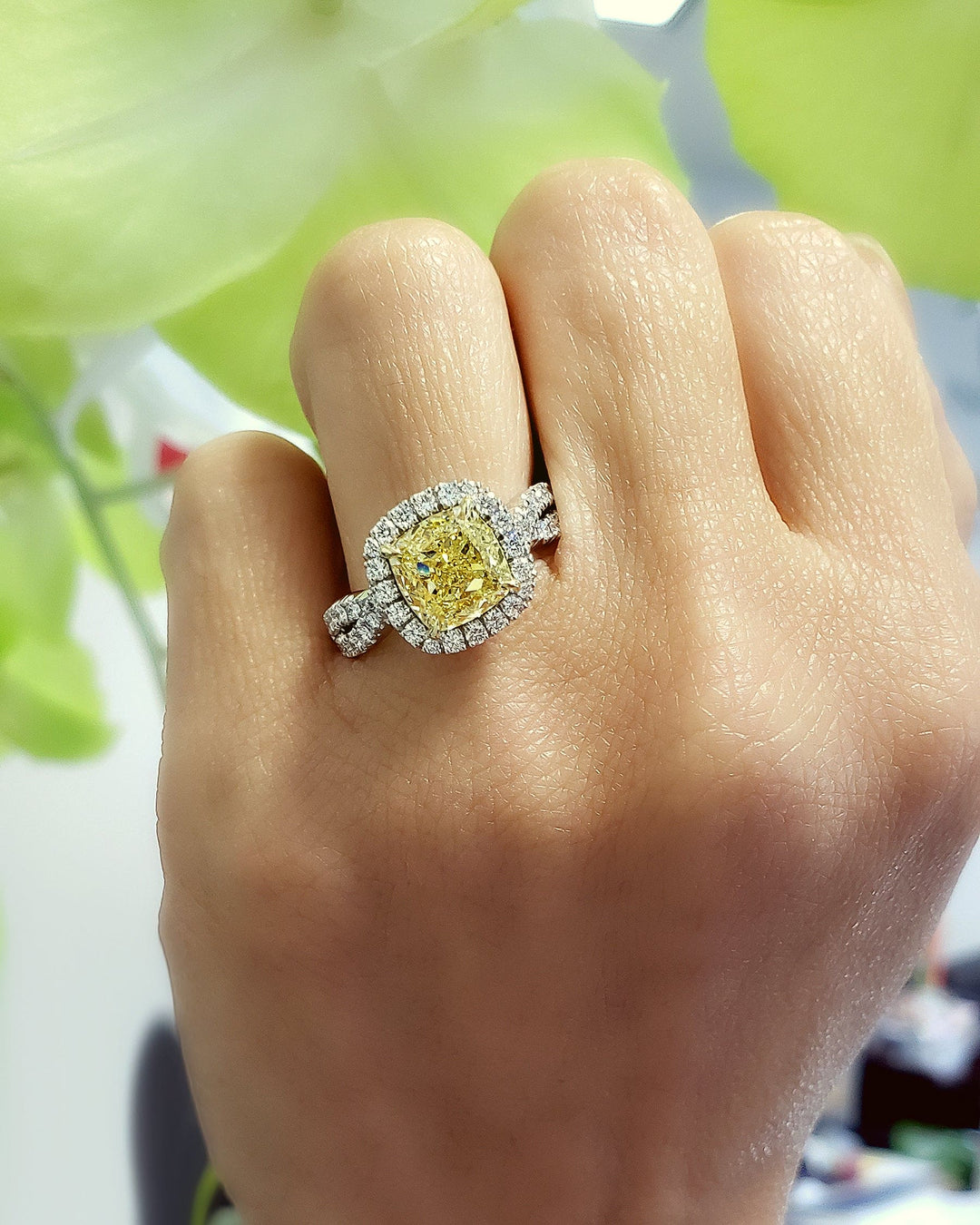 Canary 2024 Yellow Ring, 3.00 CT Canary Yellow Emerald Cut Diamond Engagement Ring, Split-Shank Ring, Fancy Wedding Ring, 14K White Gold Ring