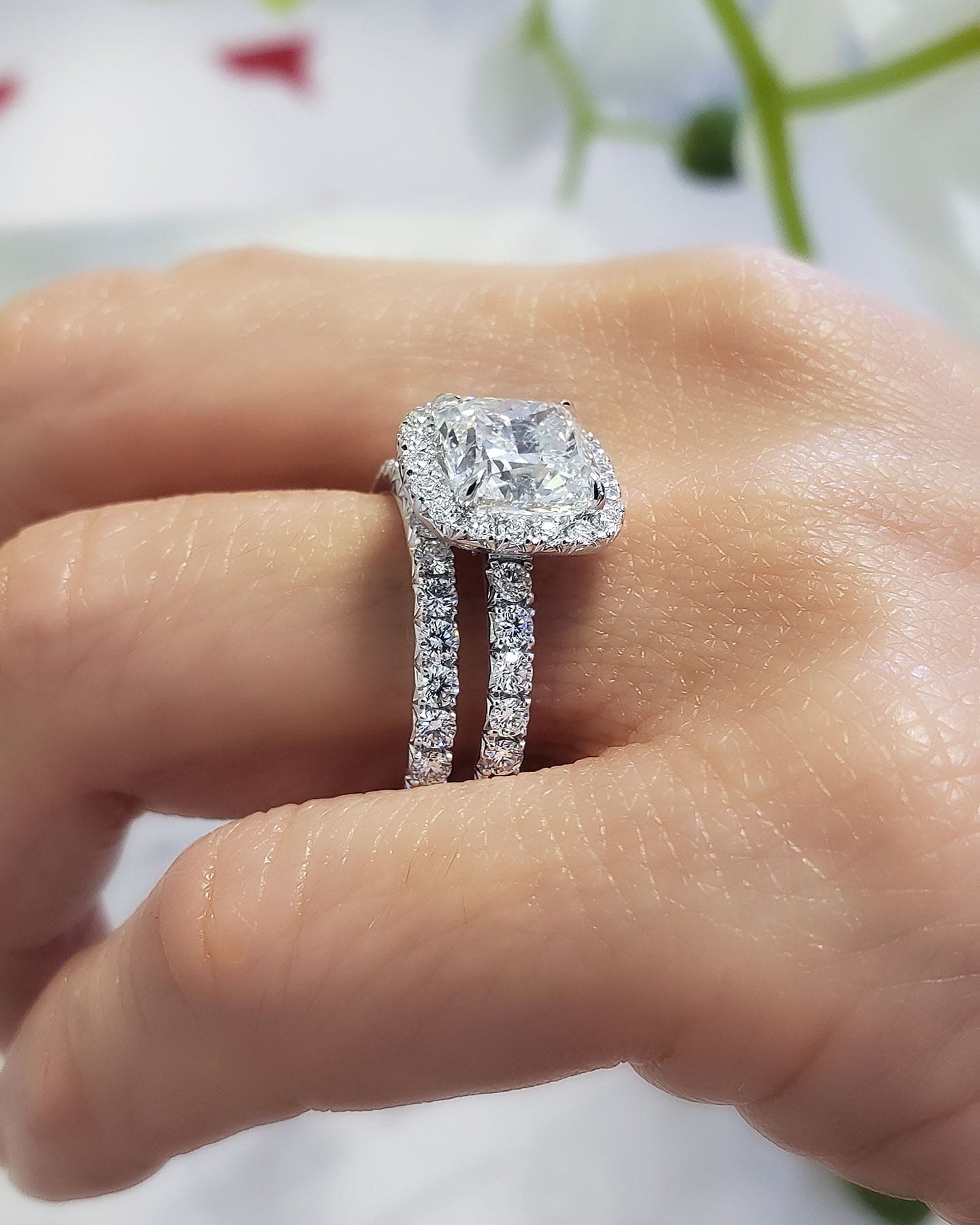 1.5 Carat Pear Shaped Moissanite Engagement Ring Set Diamond Matching Band  14k Rose Gold Halo Stacking Thin