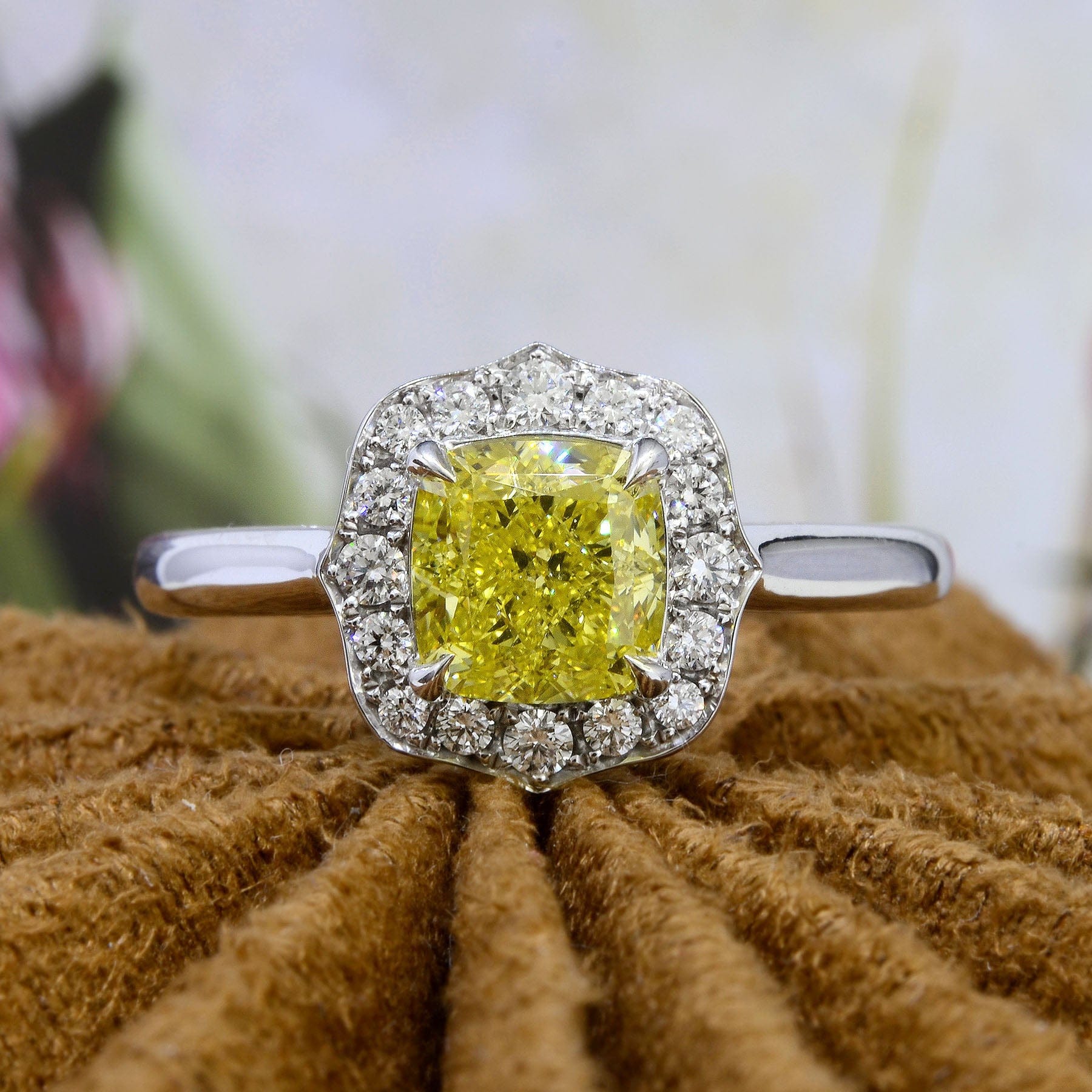 14k white gold sale ring 1.5 CT canary yellow diamond halo engagement wedding 2 CT…